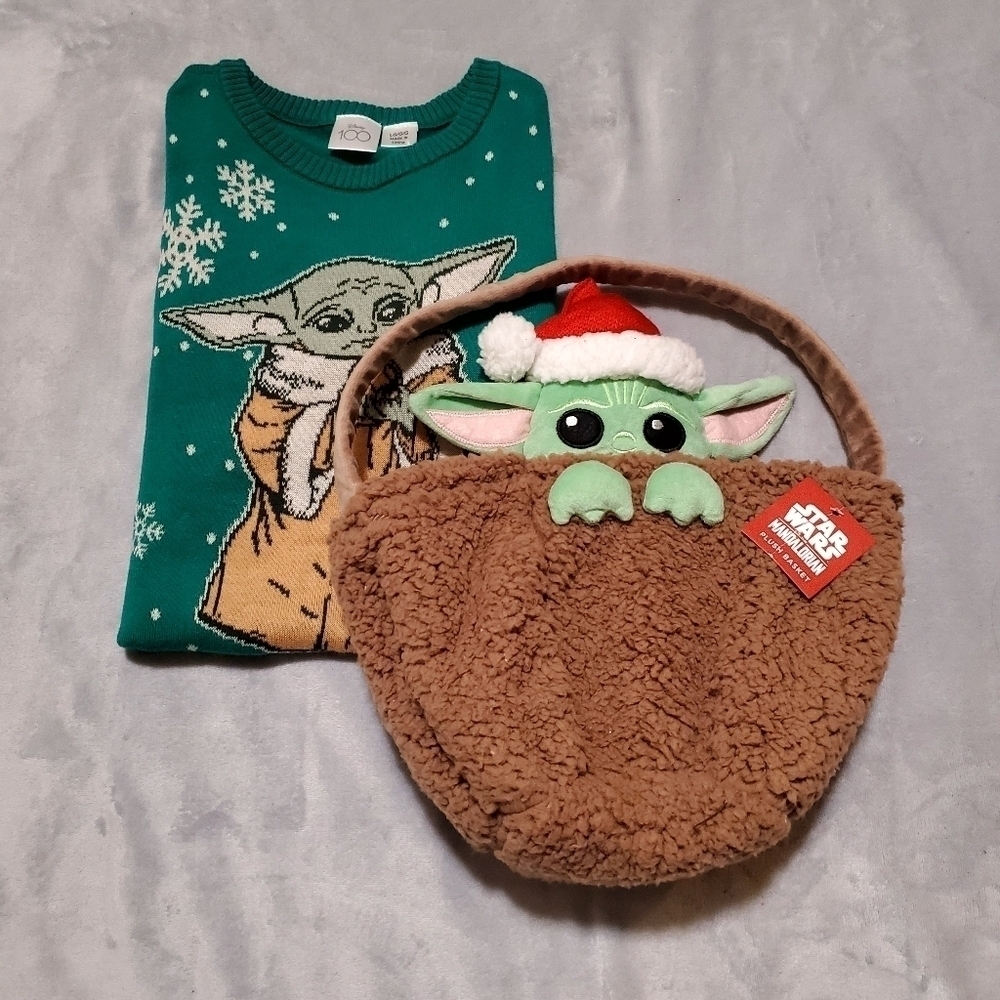Star Wars Disney Baby Yoda Kids Christmas Sweater Plush Tote Bundle Size Large